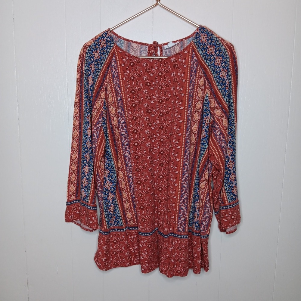 J. Jill Blouse Womens Size XL Rust Red Navy Blue Floral Bateau Boho Beach